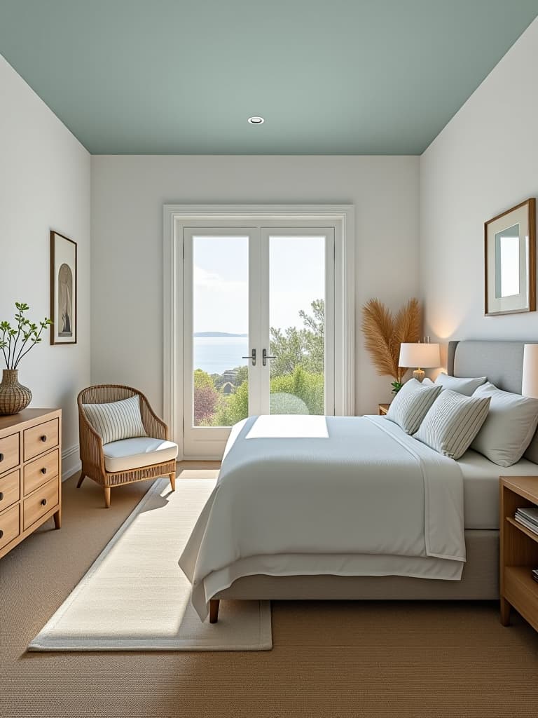  high quality portrait photo of a modern coastal bedroom with crisp white walls, pale blue ceiling, and sandy beige carpet, featuring driftwood furniture and seagrass accents, flooded with natural light from large windows, viewed from an elevated angle hyperrealistic, full body, detailed clothing, highly detailed, cinematic lighting, stunningly beautiful, intricate, sharp focus, f/1. 8, 85mm, (centered image composition), (professionally color graded), ((bright soft diffused light)), volumetric fog, trending on instagram, trending on tumblr, HDR 4K, 8K