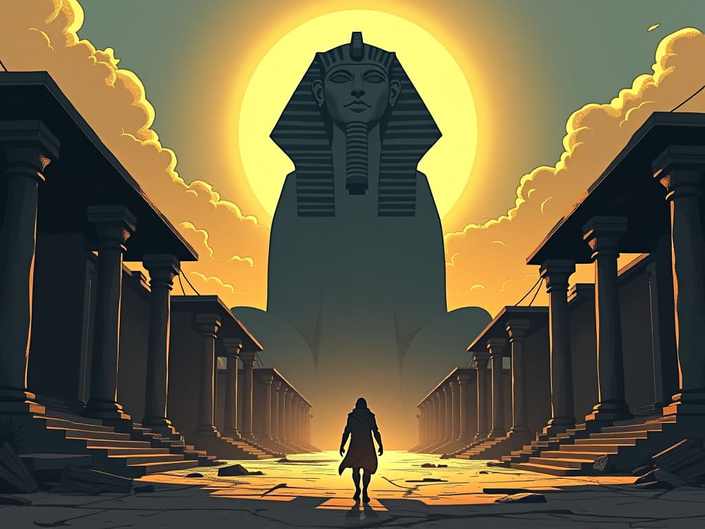  the shadow of a towering sphinx cast over an abandoned market, representing consumer confidence being overshadowed. the style is digital art illustration / modern comic book / mysterious occult, symbolic, esoteric vibe,high detail on character design, incorporating ancient egyptian symbology and attire.