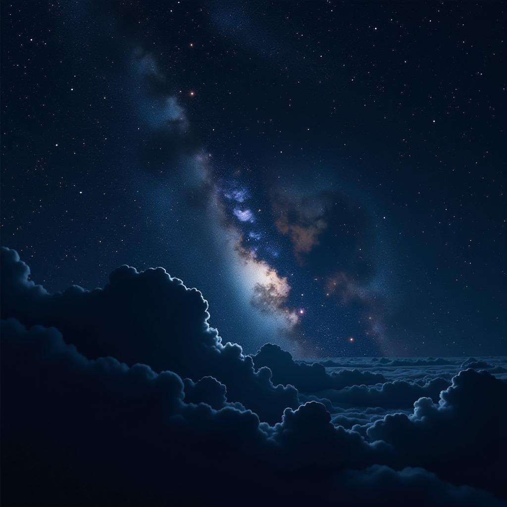  a vast, seamless space background, dominated by deep, pure black, capturing the infinite darkness of space, with bright, scattered stars of varying sizes that twinkle subtly against the darkness. incorporate soft, diffused atmospheric lighting with a faint, ethereal glow to suggest distant light sources. add delicate, wispy night clouds that drift subtly across the scene, blending into the void without overpowering the black. include minimal, softly colored nebulae in shades of turquiose, purple, and faint green, along with thin trails of space dust. position these nebulae and clouds toward the middle or sides of the image, carefully avoiding the top and bottom edges to maintain openness. the style should be a digital painting with a hyperr