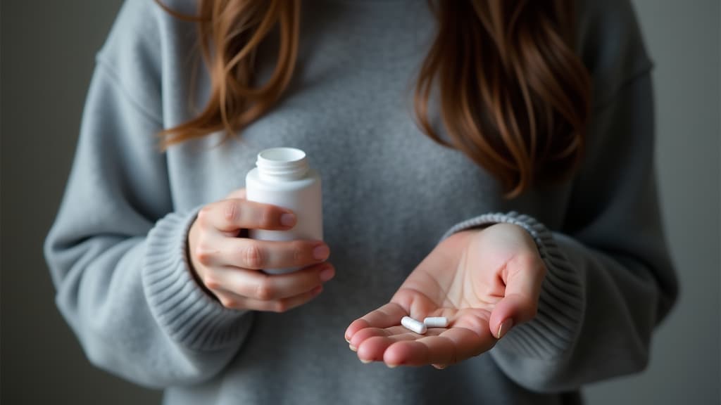  a brunette girl in a gray wool sweater, at stomach level, holds a white pill bottle in one hand, and in the other palm are two capsules. the girl's face is not visible ar 16:9 {prompt}, maximum details