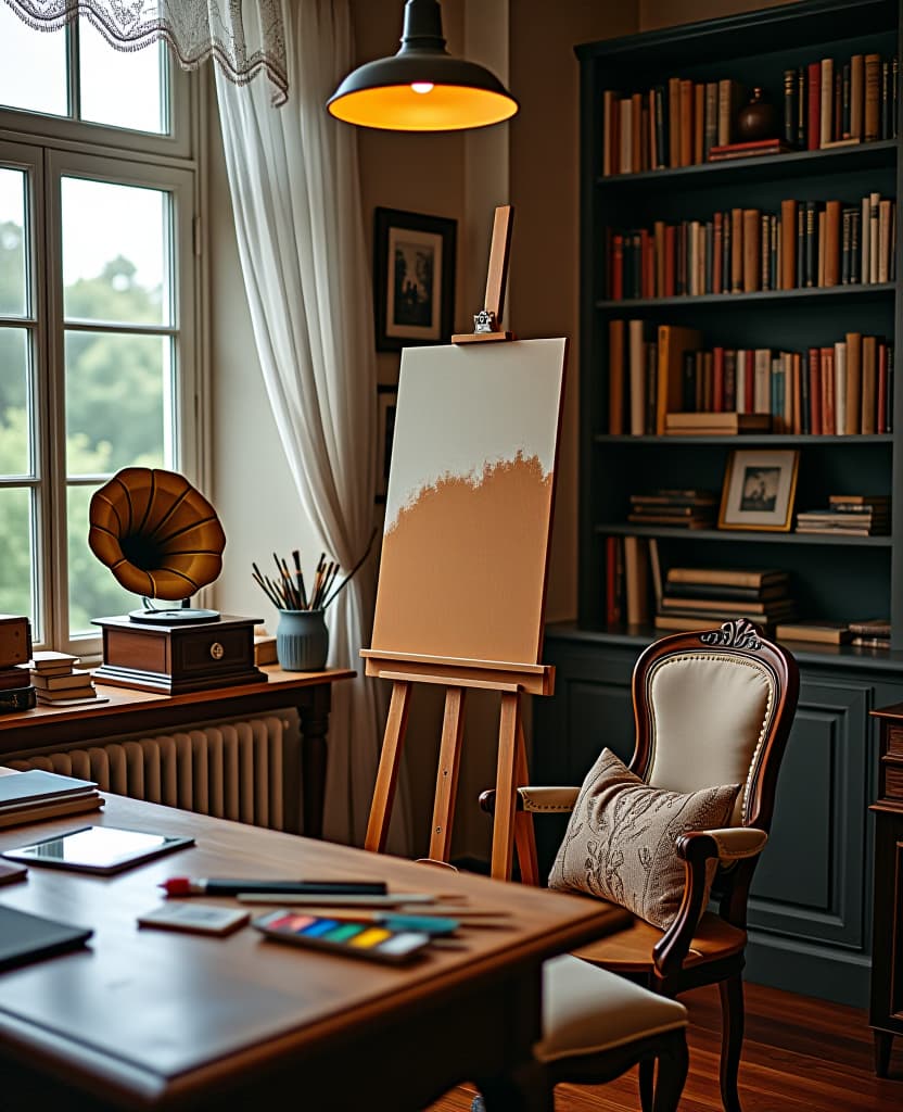  a 1920s inspired art studio, with an easel holding a half painted canvas. the studio is decorated with shelves filled with art books, paintbrushes, and tubes of paint scattered across a wooden table. large windows with lace curtains allow natural light to stream in, illuminating the scene. an antique gramophone plays music in the background, while a vintage chair with silk cushions sits next to the easel, creating a cozy creative environment.