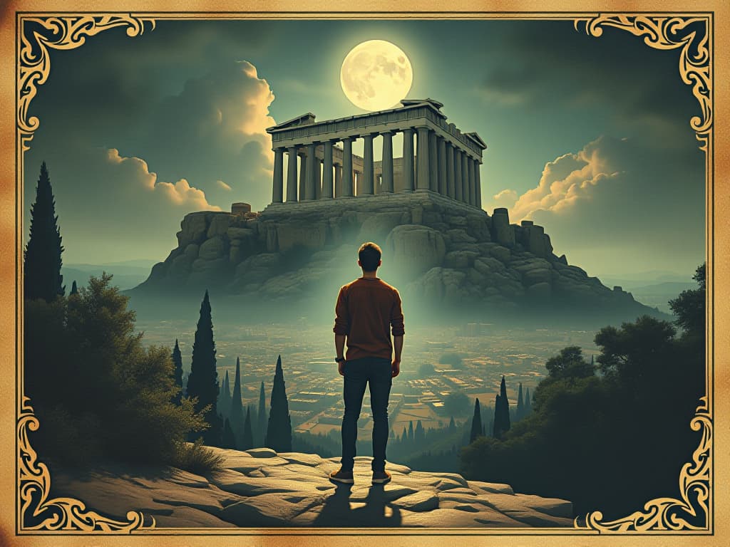  a modern day seeker, dressed in contemporary casual clothing, standing in awe, gazing up at a holographic image of ancient greek temples that overlay modern cityscape, juxtaposition of past and present. an illustration in the style of a worn, mystical old tarot trump card, mysterious and elements of surrealism. the colors are muted, somber and eerie, but with contrast bring out an occult and esoteric vibe.