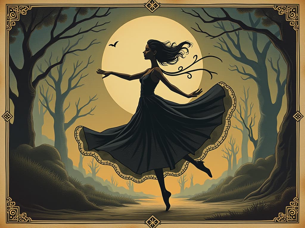  an elegant dancer sidestepping traps with grace, poised and fluid, avoiding dangers, grace under pressure, unstoppable. an illustration in the style of a worn, mystical old tarot trump card, mysterious and elements of surrealism. the colors are muted, somber and eerie, but with contrast bring out an occult and esoteric vibe.