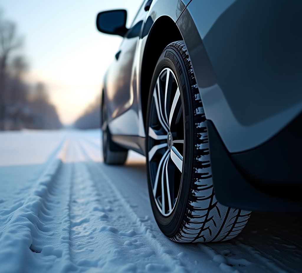  close up side view of a car with a winter tires on snowy road. tires on snowy highway detail. space for text. drive safe concept on winter or spring holidays adventures