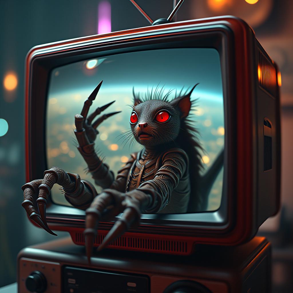  hyperrealistic art tv with mechanical spider claws takes off into space sitting on a rocket with eyes wide open in the tv . extremely high resolution details, photographic, realism pushed to extreme, fine texture, incredibly lifelike