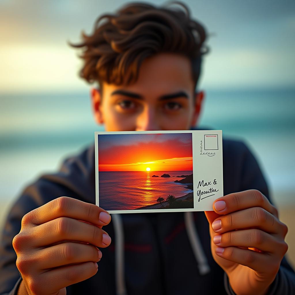  photographic, 8k, masterpiece, high quality, detailed, clear facial features, clear visible teeth, detailed eyes, max holds a vibrant postcard showing a picture of a beautiful sunset over an exotic location. the back of the postcard is visible with handwritten words. hyperrealistic, full body, detailed clothing, highly detailed, cinematic lighting, stunningly beautiful, intricate, sharp focus, f/1. 8, 85mm, (centered image composition), (professionally color graded), ((bright soft diffused light)), volumetric fog, trending on instagram, trending on tumblr, HDR 4K, 8K