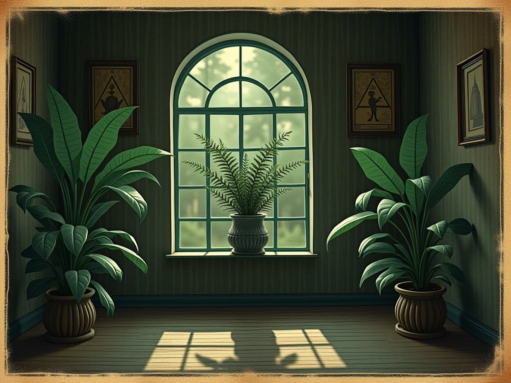  artificial plants obstructing air flow, room appearing dull and shadowy, still atmosphere, dark corners, energy blocked, uninviting and static mood. an illustration in the style of a worn, mystical old tarot trump card, mysterious and elements of surrealism. the colors are muted, somber and eerie, but with contrast bring out an occult and esoteric vibe.