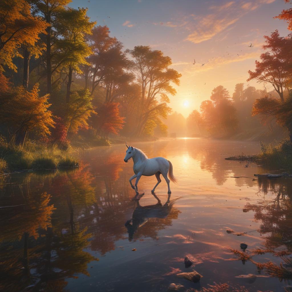 ((masterpiece)),(((best quality))), 8k, high detailed, ultra detailed, Ethereal Harmony: A Symphony of Colors, a swirling vortex of rainbow hues, (a majestic unicorn) gracefully prancing, (a serene lake) reflecting the vibrant skies, (flocks of colorful birds) soaring overhead, (a radiant sun) casting warm rays on the landscape hyperrealistic, full body, detailed clothing, highly detailed, cinematic lighting, stunningly beautiful, intricate, sharp focus, f/1. 8, 85mm, (centered image composition), (professionally color graded), ((bright soft diffused light)), volumetric fog, trending on instagram, trending on tumblr, HDR 4K, 8K