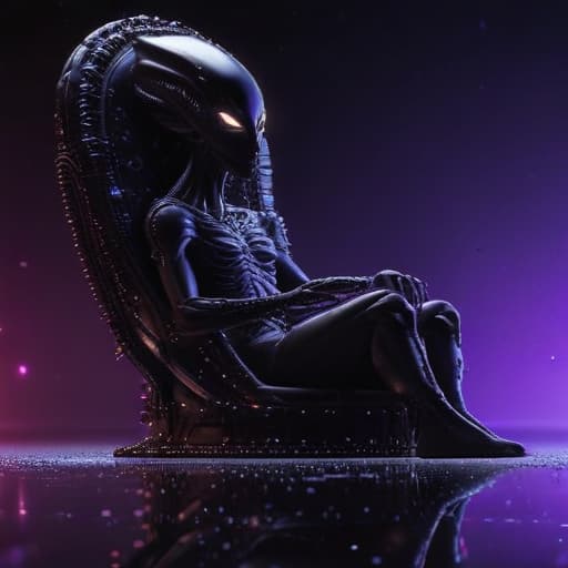 Alien made of diamonds and glitter black neon light DMT throne ,high quality, HD, 8K, trending on artstation, high focus, dramatic lighting