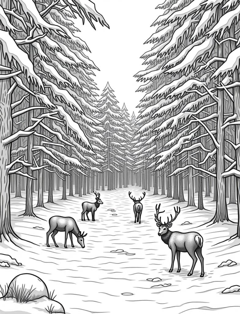  this is for an adult coloring page. a detailed black and white line art of a snowy snow covered forest with a group of deer grazing on a solid white background.