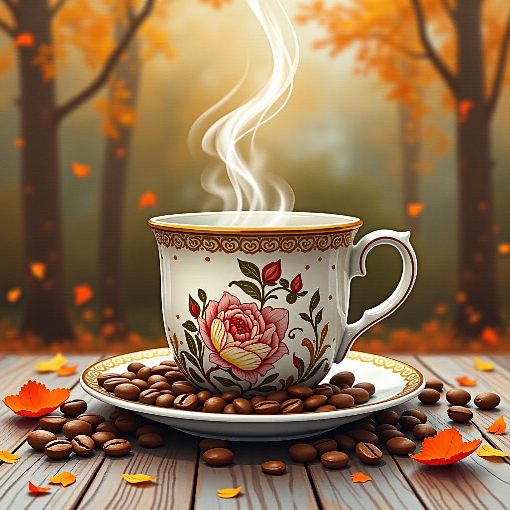  watercolor painting (oil painting: 1.4) coffee mug with exquisite patterns, steam coming from the mug, coffee beans. autumn park, golden patterns. stylistics: victorian neo rococo, fantastic surrealism, refined, stylish, elegant, rococo, fantasy . vibrant, beautiful, painterly, detailed, textural, artistic hyperrealistic, full body, detailed clothing, highly detailed, cinematic lighting, stunningly beautiful, intricate, sharp focus, f/1. 8, 85mm, (centered image composition), (professionally color graded), ((bright soft diffused light)), volumetric fog, trending on instagram, trending on tumblr, HDR 4K, 8K