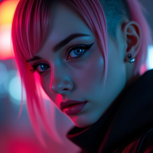  ultra realistic close up portrait ((beautiful pale cyberpunk female with heavy black eyeliner)), blue eyes, shaved side haircut, hyper detail, cinematic lighting, magic neon, dark red city, canon eos r3, nikon, f/1.4, iso 200, 1/160s, 8k, raw, unedited, symmetrical balance, in frame, 8k hyperrealistic, full body, detailed clothing, highly detailed, cinematic lighting, stunningly beautiful, intricate, sharp focus, f/1. 8, 85mm, (centered image composition), (professionally color graded), ((bright soft diffused light)), volumetric fog, trending on instagram, trending on tumblr, HDR 4K, 8K