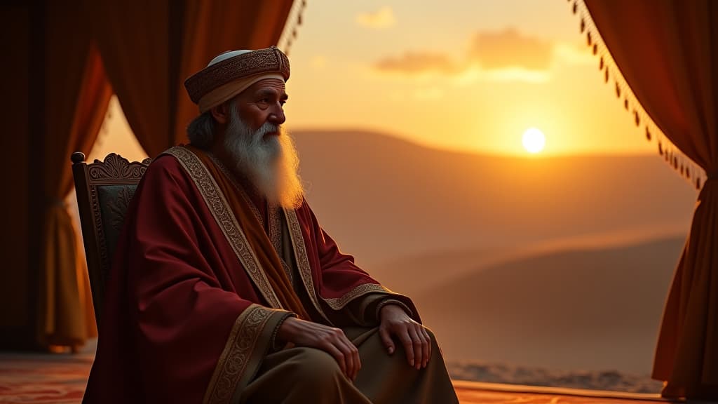  history of biblical times, an elderly abraham sitting at an ornate tent, richly decorated, looking wise and serene, with the sun setting in the background, symbolizing his blessings from god. hyperrealistic, full body, detailed clothing, highly detailed, cinematic lighting, stunningly beautiful, intricate, sharp focus, f/1. 8, 85mm, (centered image composition), (professionally color graded), ((bright soft diffused light)), volumetric fog, trending on instagram, trending on tumblr, HDR 4K, 8K