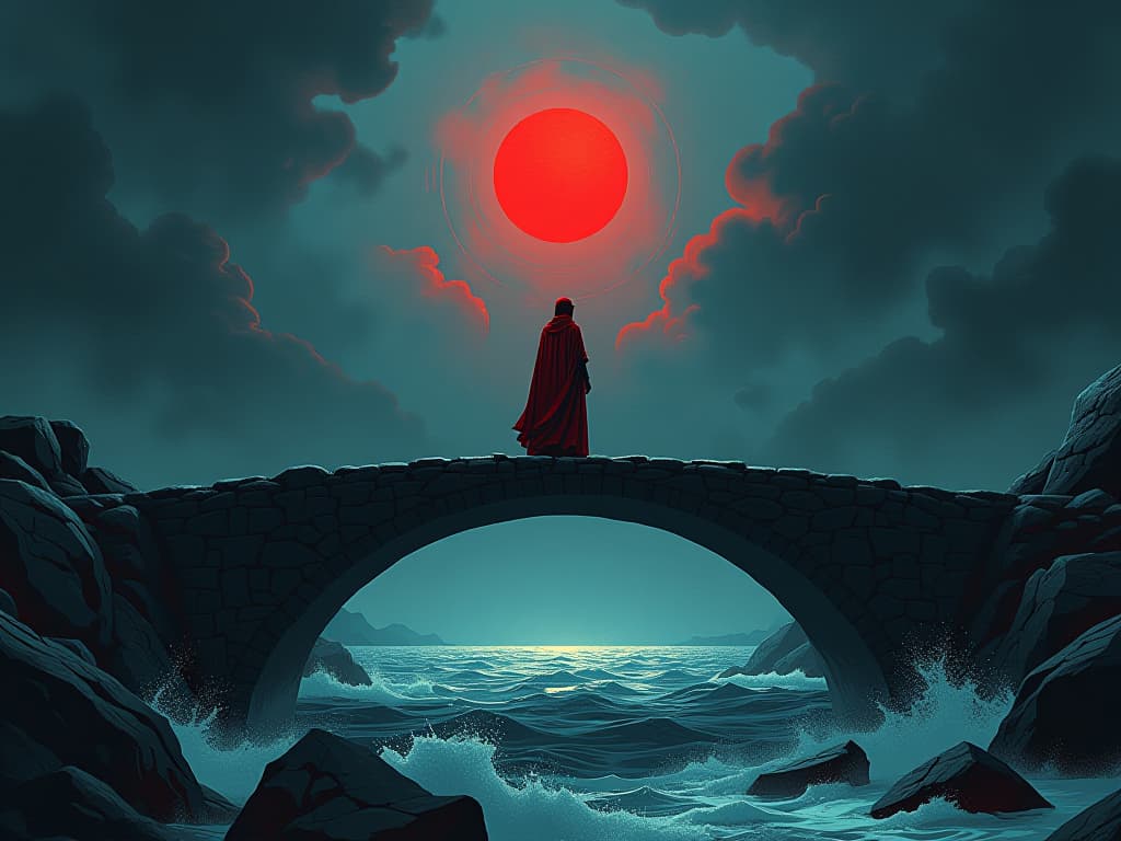  person in red garments, standing on a bridge over turbulent waters, looking down, aura of honesty and reflection, stormy skies above. the style is digital art illustration / modern comic book / graphic dark novel fantasy and mysterious occult, symbolic, moody lighting, esoteric vibe,high detail on character design. for the color scheme emphasize blacks and reds.