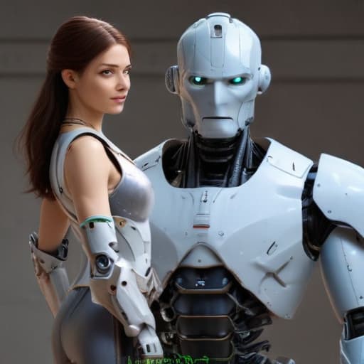 Robot Hecman holding a sword, standing with a beautiful girl