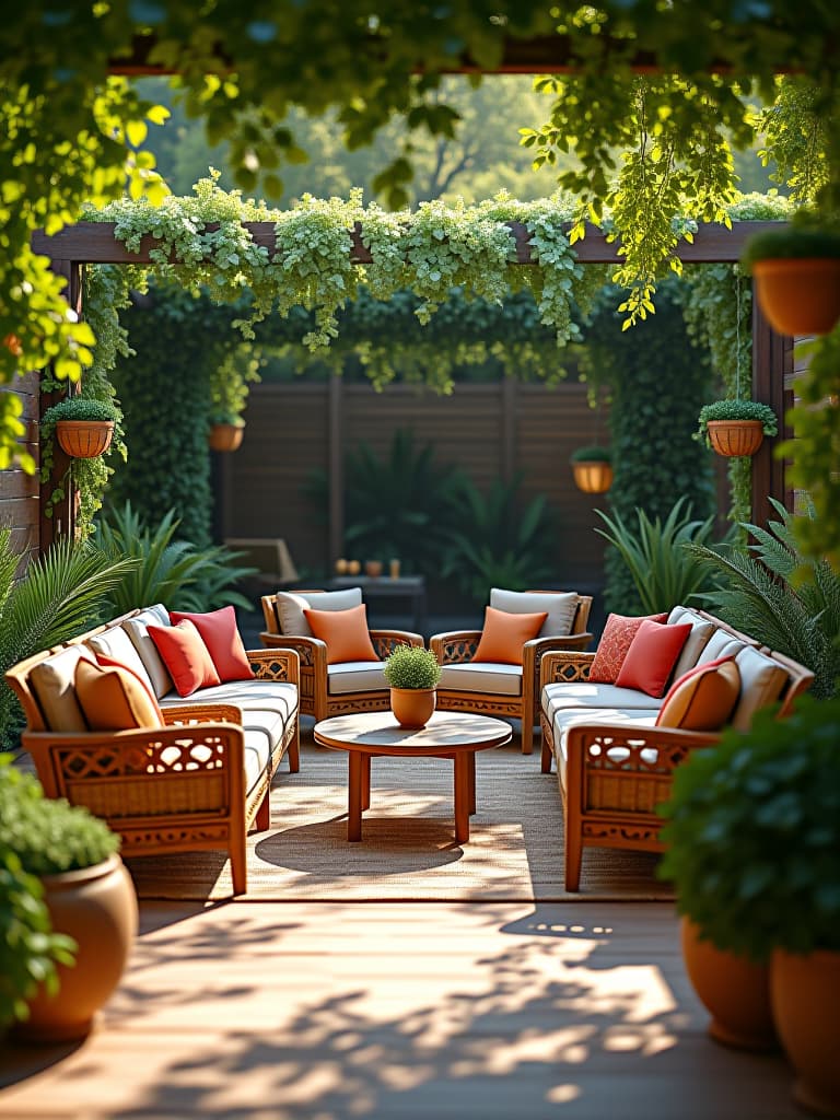  high quality portrait photo of a sun drenched patio with an array of furniture made from different materials, including wood, wicker, metal, and plastic, arranged in a visually appealing layout with a backdrop of lush greenery hyperrealistic, full body, detailed clothing, highly detailed, cinematic lighting, stunningly beautiful, intricate, sharp focus, f/1. 8, 85mm, (centered image composition), (professionally color graded), ((bright soft diffused light)), volumetric fog, trending on instagram, trending on tumblr, HDR 4K, 8K