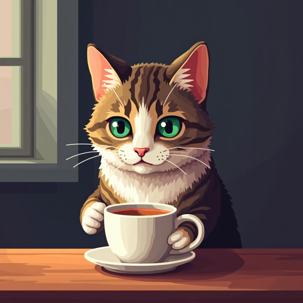  16x16 pixel art of a british cat drinking a cup of tea