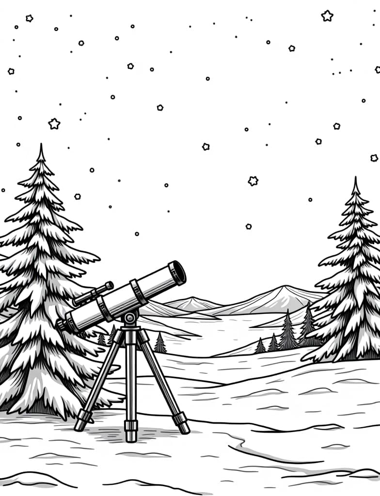  this is for an adult coloring page. a detailed black and white line art of a snowy winter stargazing scene with a telescope set up in the snow on a solid white background.