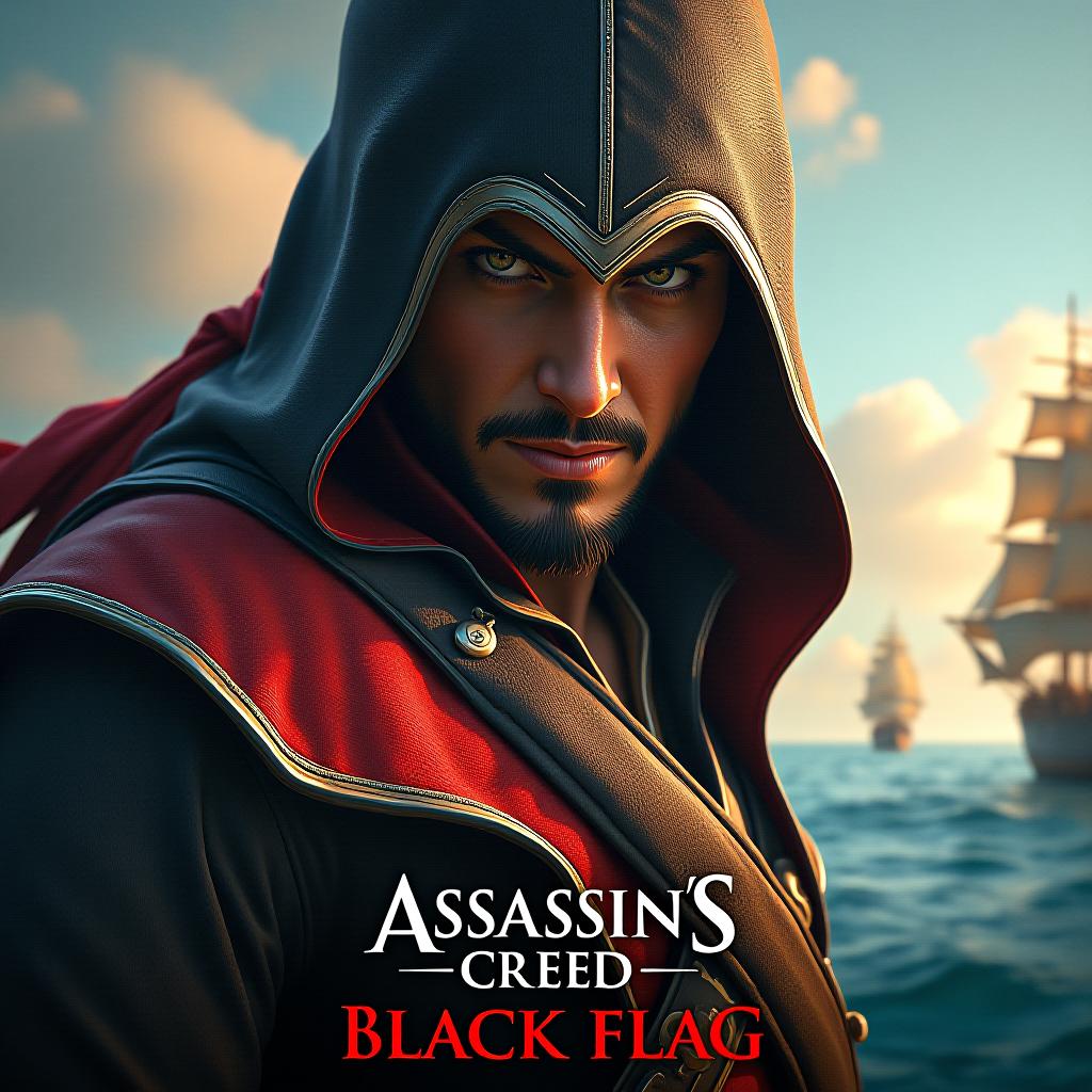  cinematic photo oil painting, bright colors, logo for the game "assassin creed black flag", pirate theme, symbols of assassin creed, sailing ship, masts, sails, tropical landscape, text at the bottom in capital letters "assassin creed black flag", high detail, high resolution, detailed skin, detailed eyes, detailed background, depth sharpness, dynamic pose, hyperrealism, lots of small details, perfect composition and angle. . 35mm photograph, film, bokeh, professional, 4k, highly detailed hyperrealistic, full body, detailed clothing, highly detailed, cinematic lighting, stunningly beautiful, intricate, sharp focus, f/1. 8, 85mm, (centered image composition), (professionally color graded), ((bright soft diffused light)), volumetric fog, trending on instagram, trending on tumblr, HDR 4K, 8K