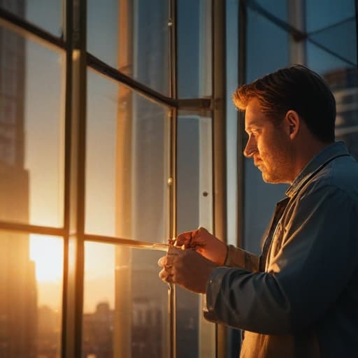 A photo of a skilled worker meticulously measuring a large, sleek glass window panel in a modern urban high-rise building during the early morning light, casting a soft golden glow that highlights the intricate details of the glass and the surrounding architectural elements.