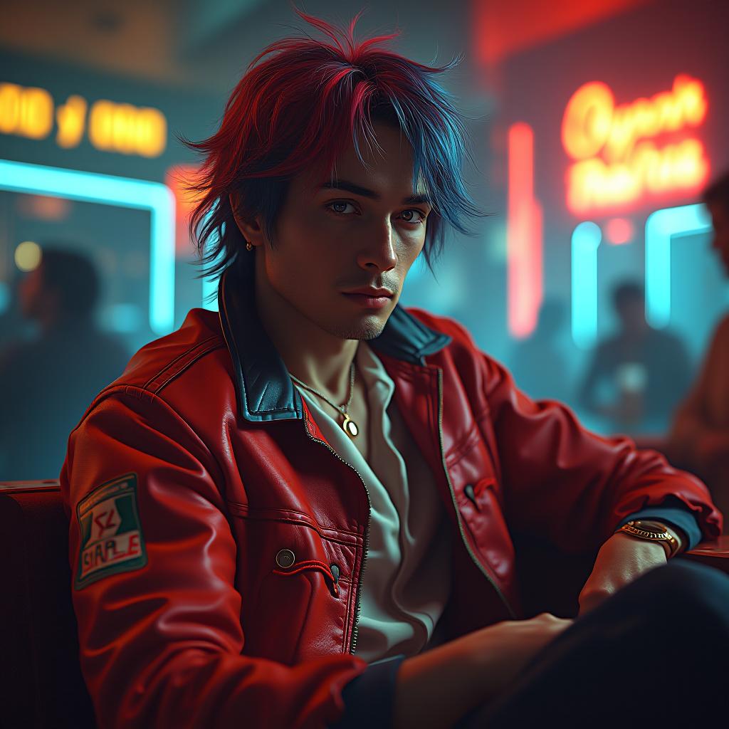  red and blue haired man, sitting cyberpunk bar hyperrealistic, portrait, detailed clothing, highly detailed, cinematic lighting, stunningly beautiful, intricate, sharp focus, f/1. 8, 85mm, (centered image composition), (professionally color graded), ((bright soft diffused light)), volumetric fog, trending on instagram, trending on tumblr, hdr 4k, 8k hyperrealistic, full body, detailed clothing, highly detailed, cinematic lighting, stunningly beautiful, intricate, sharp focus, f/1. 8, 85mm, (centered image composition), (professionally color graded), ((bright soft diffused light)), volumetric fog, trending on instagram, trending on tumblr, HDR 4K, 8K