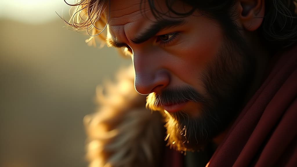  history of biblical times, a close up of gideon, showing his internal struggle and doubt as he faces the truth of his situation, emphasizing his humble nature and feeling of insignificance. hyperrealistic, full body, detailed clothing, highly detailed, cinematic lighting, stunningly beautiful, intricate, sharp focus, f/1. 8, 85mm, (centered image composition), (professionally color graded), ((bright soft diffused light)), volumetric fog, trending on instagram, trending on tumblr, HDR 4K, 8K