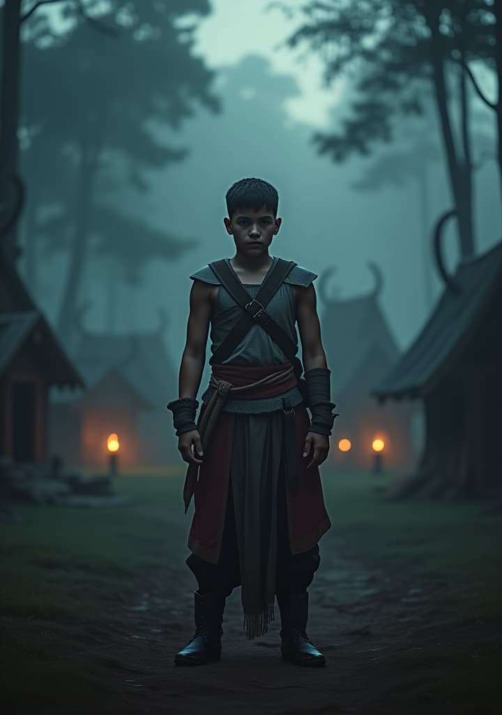  a young warrior named thiago standing in front of a dark, mysterious camp with a lot of weird houses, surrounded by tall trees and shadows. hyperrealistic, full body, detailed clothing, highly detailed, cinematic lighting, stunningly beautiful, intricate, sharp focus, f/1. 8, 85mm, (centered image composition), (professionally color graded), ((bright soft diffused light)), volumetric fog, trending on instagram, trending on tumblr, HDR 4K, 8K