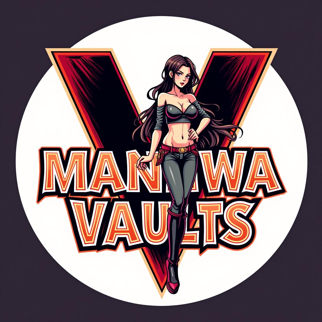  good quality, high quality, a graphic design logo for "manhwa vaults," featuring bold, stylized manga style text with a hot manga style girl leaning against the "v." the girl has long, flowing hair and a confident pose. the color scheme uses sharp contrasts, with vibrant accents to capture the dynamic energy of manga.