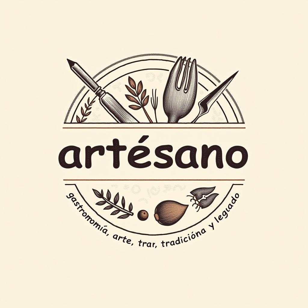  design a logo, in a pencil style. nombré de la marca “artesano” fondo con tonos claros, diseño elegante y simple con elementos de cocina, , with the text 'gastronomía, arte, tradición y legado'.