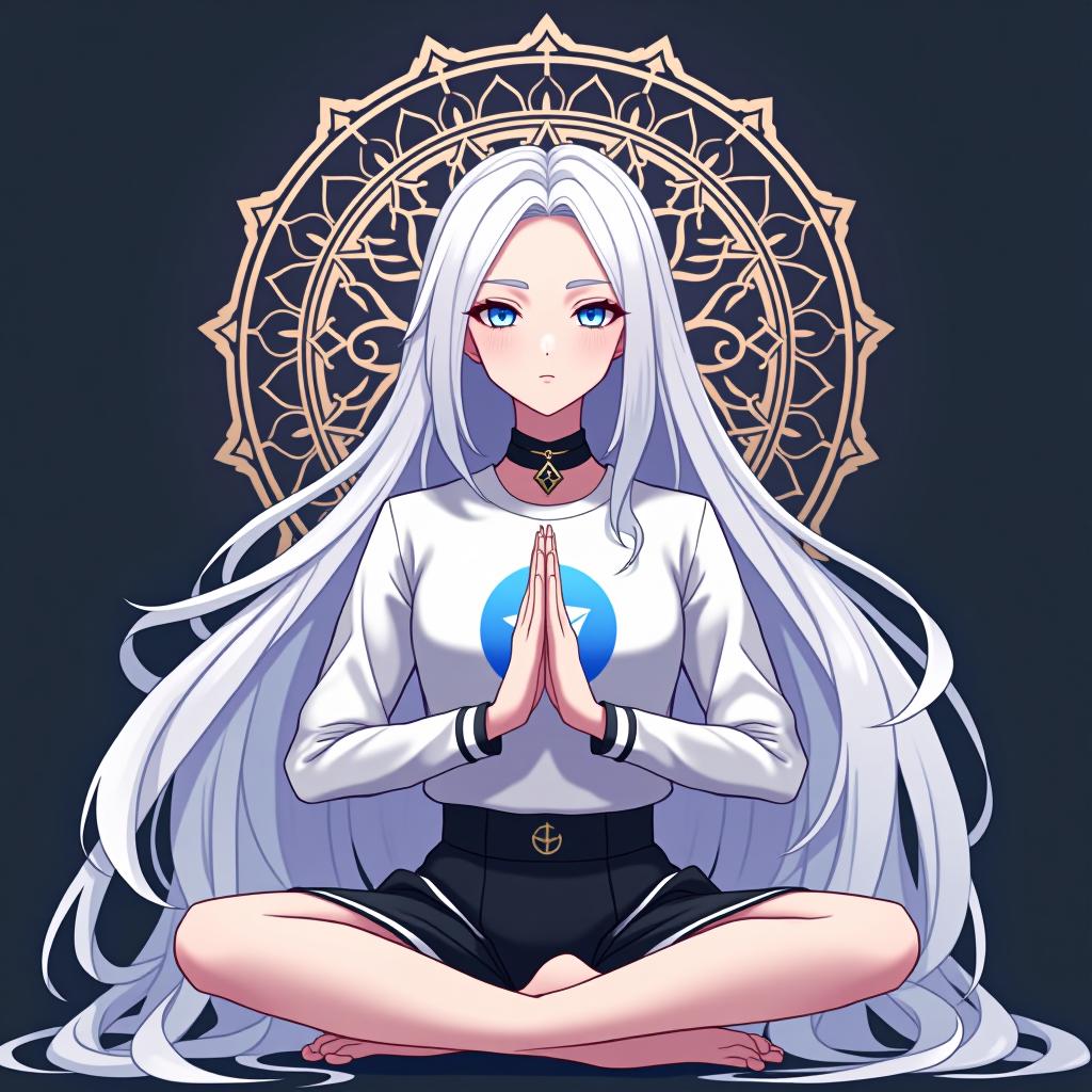  generate an ai image of a character inspired by emilia from re:zero starting life in another world the frozen bond. the character should have long white hair, an elegant and graceful look, and be wearing a shirt featuring the telegram logo. she should be depicted in a traditional indian namaste pose, radiating serenity and peace. keep the background minimalistic, and include the text 'emilia' in a stylish font near the character.