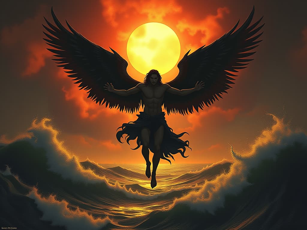  icarus, mid fall with wings disintegrating, sun blazing above, ocean waves crashing below, desperate expression, golden light, darkening sky. the style is dark fantasy and mysterious occult, symbolic, moody lighting, esoteric vibe,high detail on character design. for the color scheme emphasize blacks and reds.