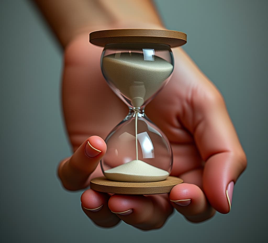  a hand holding an hourglass with sand flowing down, symbolizing the passage of time