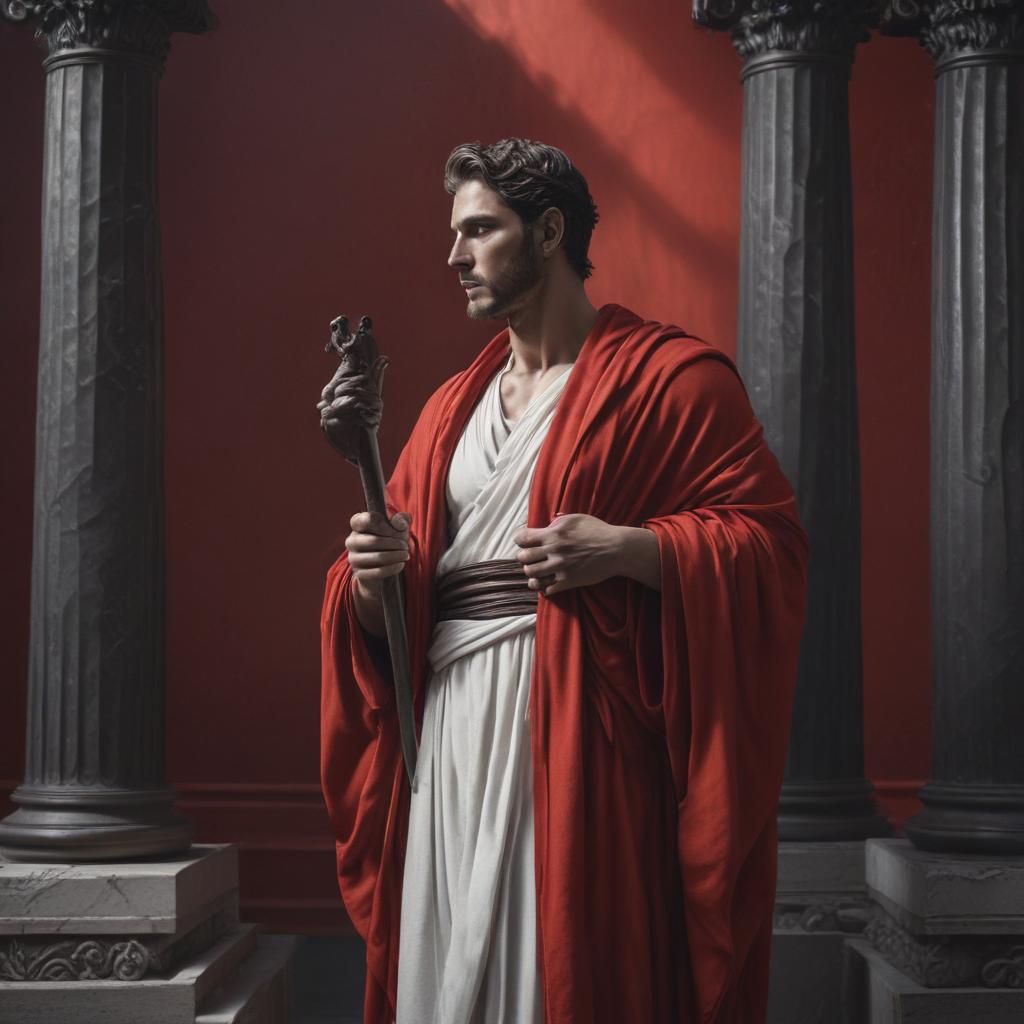 Prophet Calchas with a solemn expression, draped in flowing robes, holding a staff, eyes closed in deep contemplation, ancient Greek architecture in the background, mystical lighting casting shadows"in the style of classical Greek pottery art, with intricate black figures on a red background, depicting mythological scenes with a focus on gods and heroes, using a limited color palette of red, black, and white"This image is a breathtaking painting that captures the magical scene with vivid detail. The overall composition is spellbinding, showcasing a perfect harmony. photorealism fantasy, unreal engine 5, concept hyperrealistic, full body, detailed clothing, highly detailed, cinematic lighting, stunningly beautiful, intricate, sharp focus, f/1. 8, 85mm, (centered image composition), (professionally color graded), ((bright soft diffused light)), volumetric fog, trending on instagram, trending on tumblr, HDR 4K, 8K