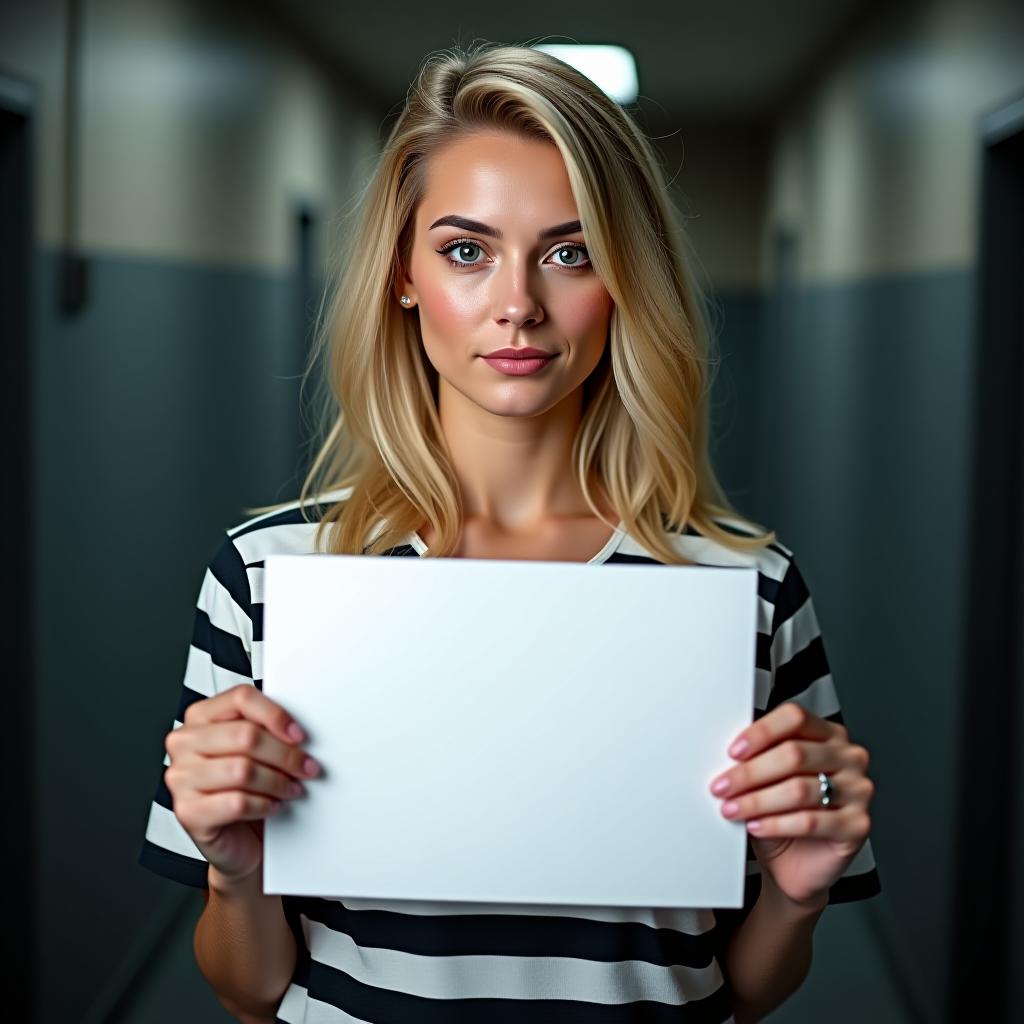  portrait of prisoner blonde woman looks in camera. holding white blank paper, professional costume at prison background