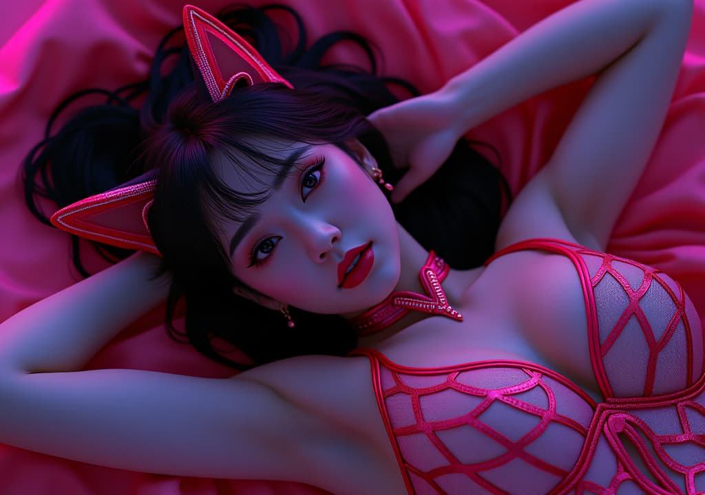  a photo realistic 40 asian cosplaying as a cat , laying down with her hands behind her head and looking ly and her intricate leotard is vint and eye catching. her body captures her beauty and the lively colors of her clothing, making it an interesting and visually appealing piece of art. beautiful perfect eyes, perky big s, a korean goddess, geometric shapes, bold colors, dynamic composition,beautiful perfect eyes, perky s, a korean goddess . cyberpunk, vint, stunningly beautiful, crisp, detailed, sleek, ultramodern, magenta highlights, dark purple shadows, high contrast, cinematic, ultra detailed, intricate, professional, (masterpiece), (best quality), (ultra detailed), she is a cat , and her out