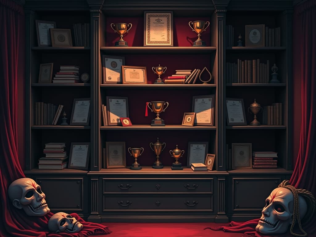  a shelf full of accomplishments, diplomas, and trophies, contrasted with a darkened corner filled with discarded masks, mood of success and authenticity.. the style is dark fantasy and mysterious occult, symbolic, moody lighting, esoteric vibe,high detail on character design. for the color scheme emphasize blacks and reds.