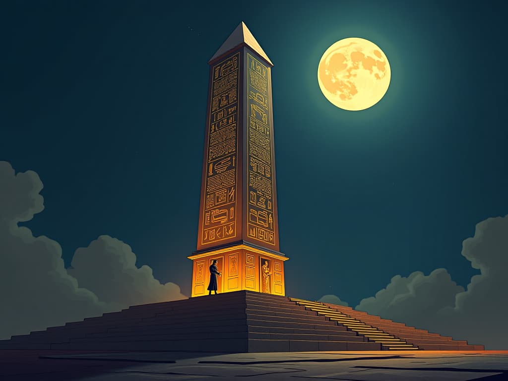  a monumental obelisk, intricately inscribed with glowing hieroglyphs, symbolizing a lasting legacy, moonlight casting long shadows, mood of timeless impact. the style is digital art illustration / modern comic book / mysterious occult, symbolic, esoteric vibe,high detail on character design, incorporating ancient egyptian symbology and attire.