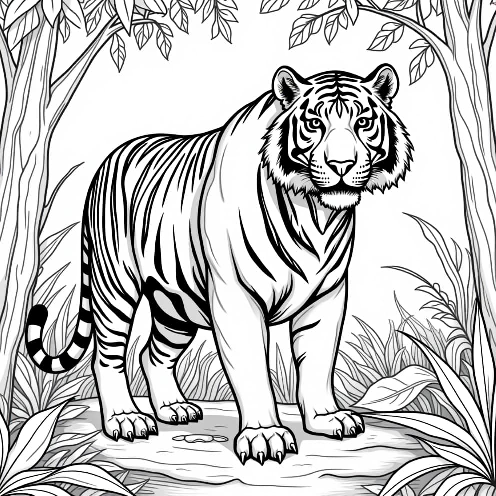  a coloring book page, white background, showing a majestic tiger, standing proudly in a lush jungle setting. detailed depiction of its stripes, powerful muscles, and sharp claws. create a black and white line drawing perfect for coloring.