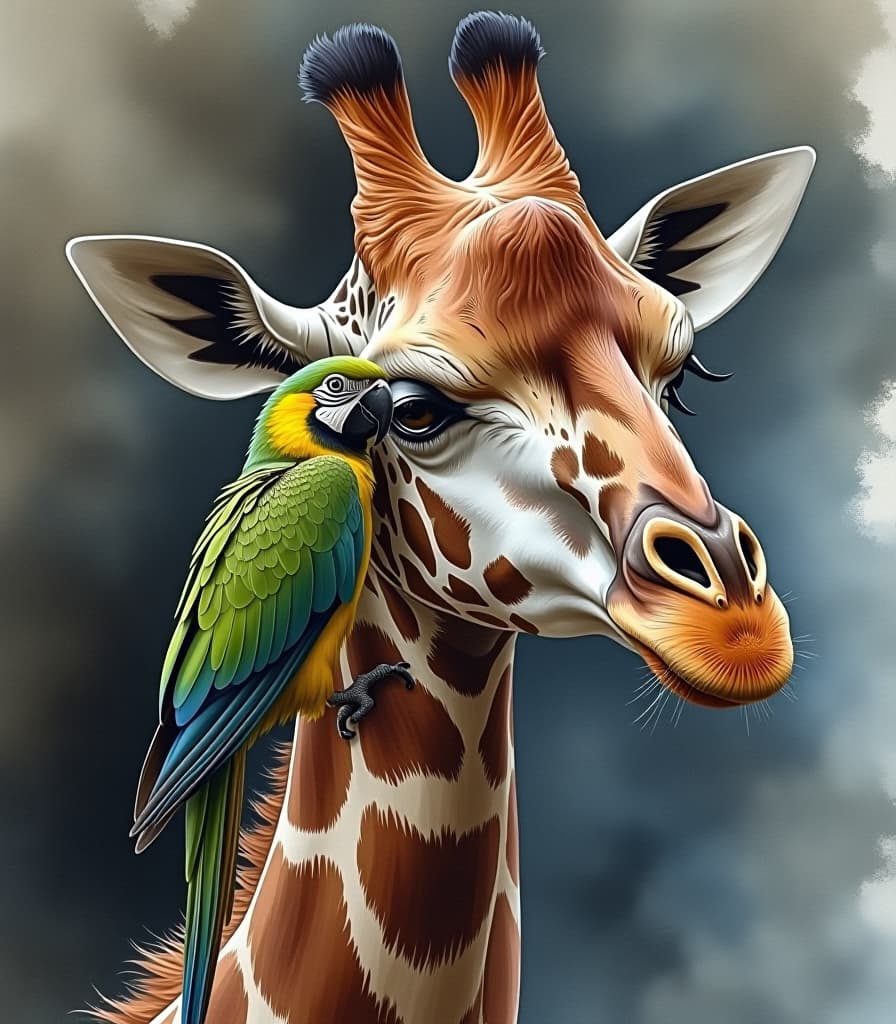  masterpiece. painting. a giraffe with a parrot sitting on it:1.5). intense close up. high detailing of strokes, clarity. watercolor style of sergei andreeyaki. on paper torsion. leaks, spots.:1.5). hyperrealistic, full body, detailed clothing, highly detailed, cinematic lighting, stunningly beautiful, intricate, sharp focus, f/1. 8, 85mm, (centered image composition), (professionally color graded), ((bright soft diffused light)), volumetric fog, trending on instagram, trending on tumblr, HDR 4K, 8K