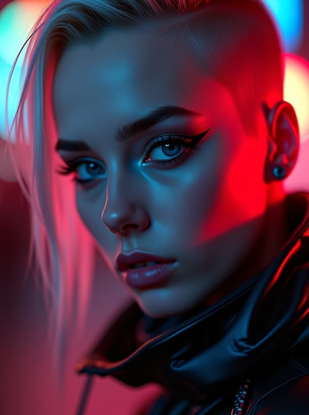  ultra realistic close up portrait ((beautiful pale cyberpunk female with heavy black eyeliner)), blue eyes, shaved side haircut, hyper detail, cinematic lighting, magic neon, dark red city, canon eos r3, nikon, f/1.4, iso 200, 1/160s, 8k, raw, unedited, symmetrical balance, in frame, 8k hyperrealistic, full body, detailed clothing, highly detailed, cinematic lighting, stunningly beautiful, intricate, sharp focus, f/1. 8, 85mm, (centered image composition), (professionally color graded), ((bright soft diffused light)), volumetric fog, trending on instagram, trending on tumblr, HDR 4K, 8K