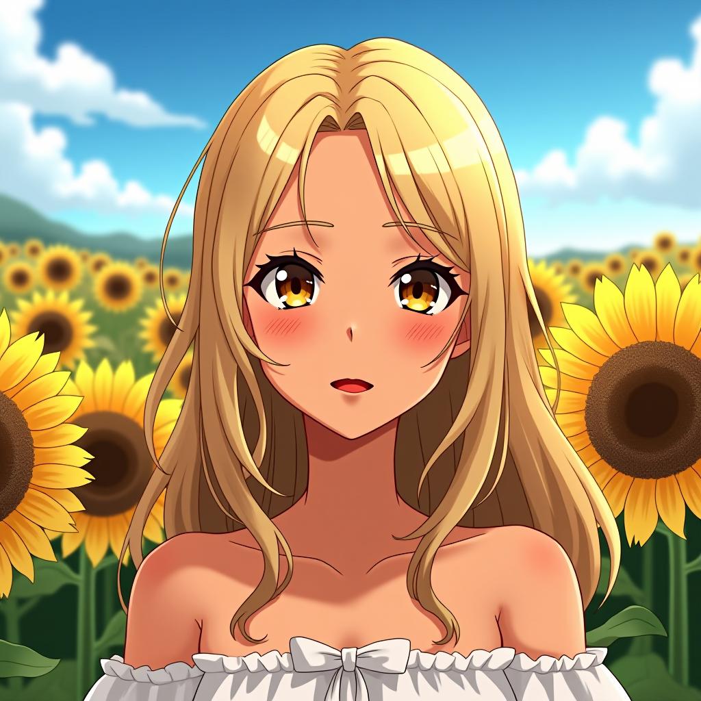  make an image of a blonde haired woman with brown eyes and tan olive skin wearing red lipstick in a field of sunflowers, anime artwork, anime style, key visual, vibrant, studio anime, highly detailed