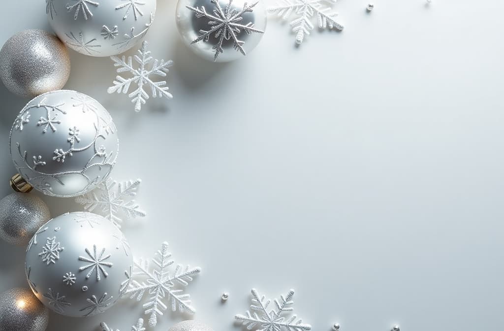  top down view of a silver background, with white and silver christmas balls and intricate snowflakes positioned in the top left corner. soft shimmering light and bokeh effect on the right, leaving clean space for text or a message ar 3:2 {prompt}, maximum details