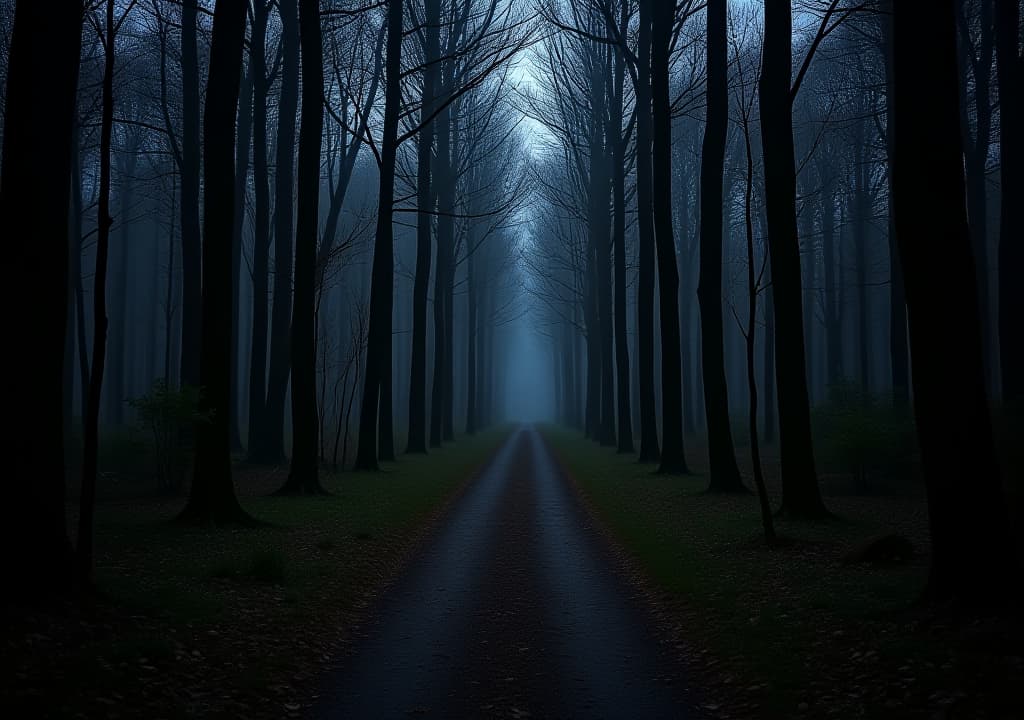  a path in the woods at night in the distance