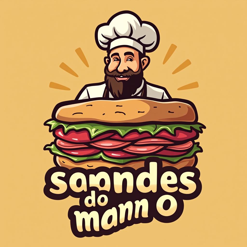  design a logo, in a threedrender style. sandwich of pork , called « sandes do mano » with a chef bouncer gold background , with the text 'sandes do mano'.