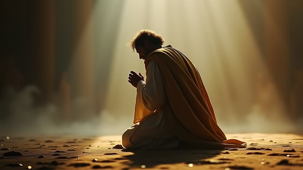  history of biblical times, a representation of faith overcoming failure, with jacob kneeling in prayer, seeking god's guidance amidst his past mistakes hyperrealistic, full body, detailed clothing, highly detailed, cinematic lighting, stunningly beautiful, intricate, sharp focus, f/1. 8, 85mm, (centered image composition), (professionally color graded), ((bright soft diffused light)), volumetric fog, trending on instagram, trending on tumblr, HDR 4K, 8K