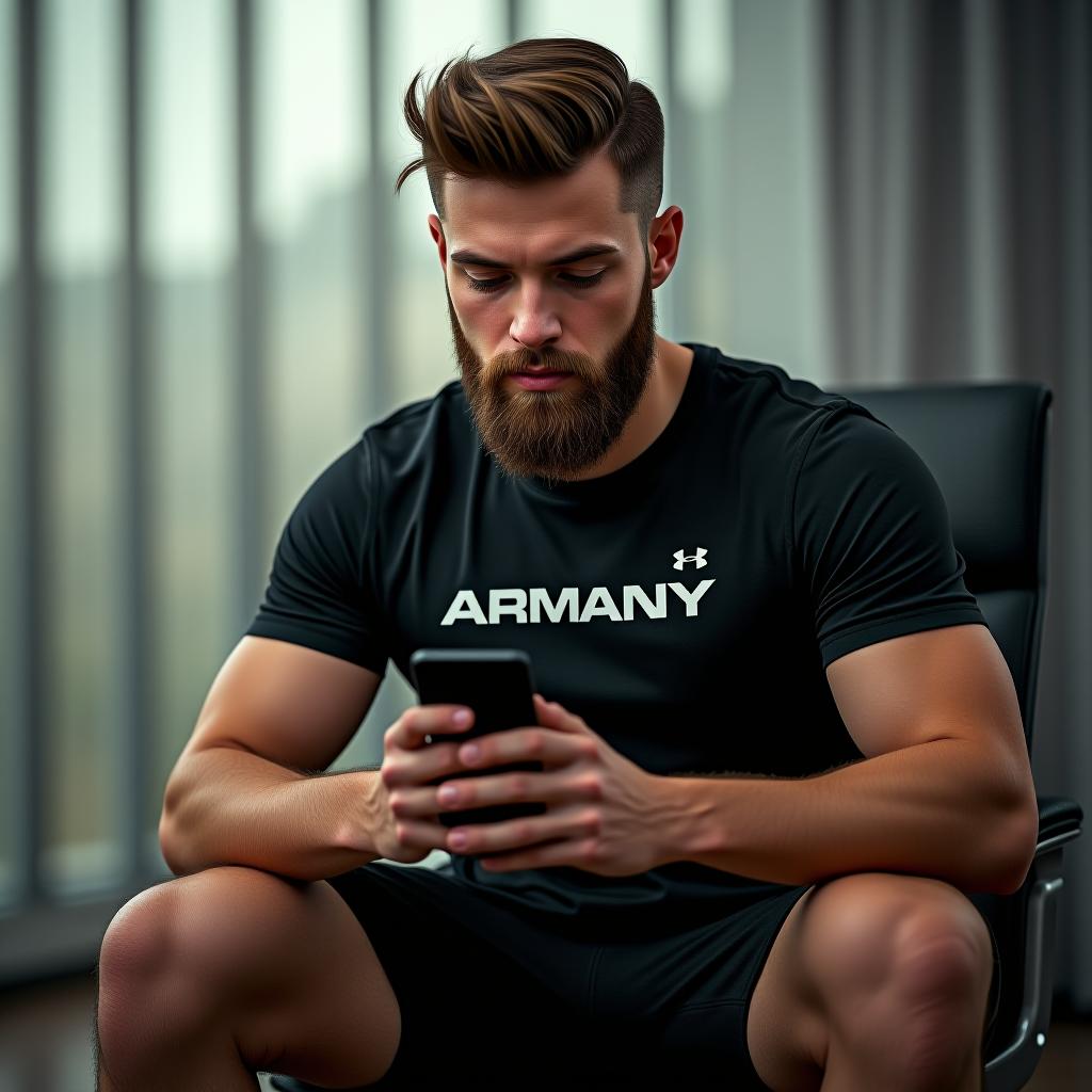  $anyone $cnfrg $tsa $upload $eq9, [12.08.2024 16:04] a young pumped buy with brown hair and a short brown biker beard wearing a tight black tshirt with the text armany he is also wearing black shorts and white nike sneakers her is sitting on a chair watching his iphone a young pumped boy with brown hair and a short brown goatee beard wearing a tight black tshirt with the text under armour he is also wearing black shorts and white nike sneakers her is sitting on a chair watching his iphone hyperrealistic, full body, detailed clothing, highly detailed, cinematic lighting, stunningly beautiful, intricate, sharp focus, f/1. 8, 85mm, (centered image composition), (professionally color graded), ((bright soft diffused light)), volumetric fog, trending on instagram, trending on tumblr, HDR 4K, 8K