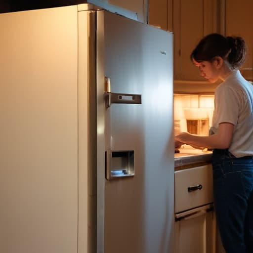 A photo of a skilled appliance repair technician fixing a vintage refrigerator in a cozy kitchen during the early evening with warm, soft ambient lighting.