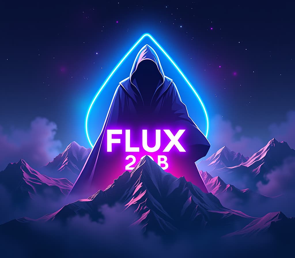  an epic logo for "flux 20b", depicting a space wizard in the style of a nebula background with blue and purple neon text on a white glowing background floating over a mountain range