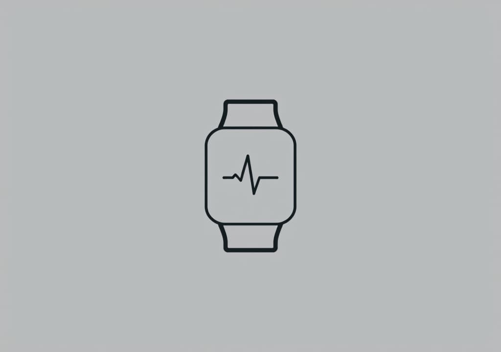  a clean, minimalist design featuring a wearable device icon with a simple heartbeat line across it, symbolizing continuous health monitoring, set against a light grey background