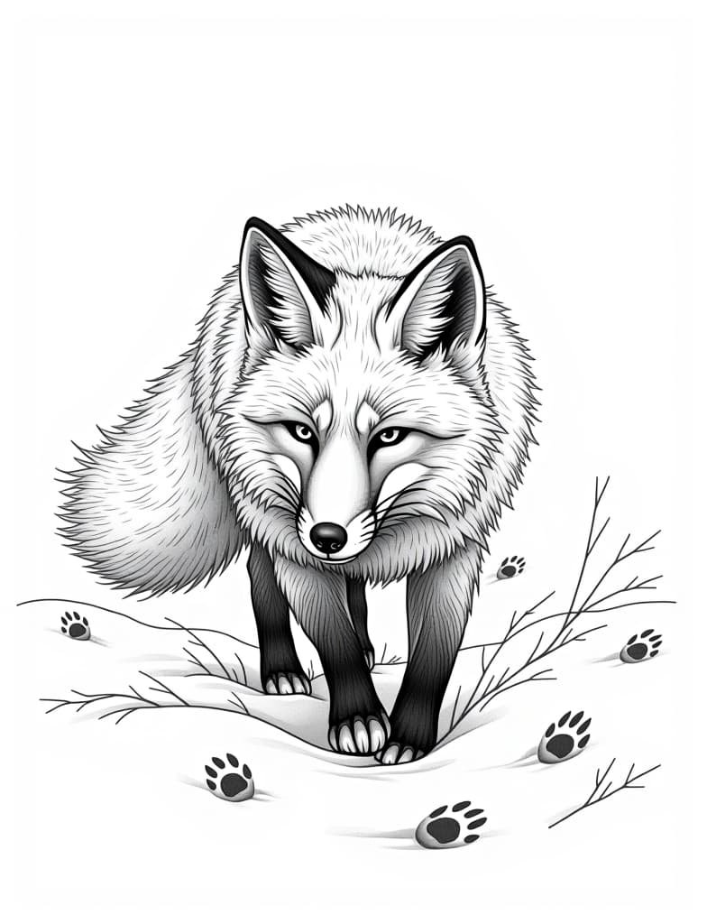  this is for an adult coloring page. a detailed black and white line art of a snowy fox hunting in the snow, with paw prints trailing behind on a solid white background.